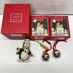 Lenox Lot of 3 Christmas Ornaments Very Merry Penguin and Silver Bell Ornaments